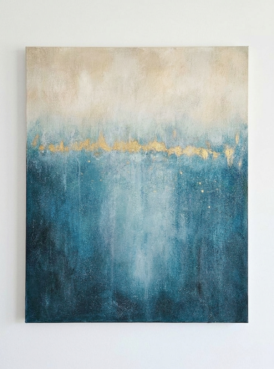 Luda Art Space — "Beyond the Blue" textured abstract painting. Deep blue 3D textured art with sculptural relief details.Contemporary blue abstract canvas for minimalist living room. Gold leaf accents.