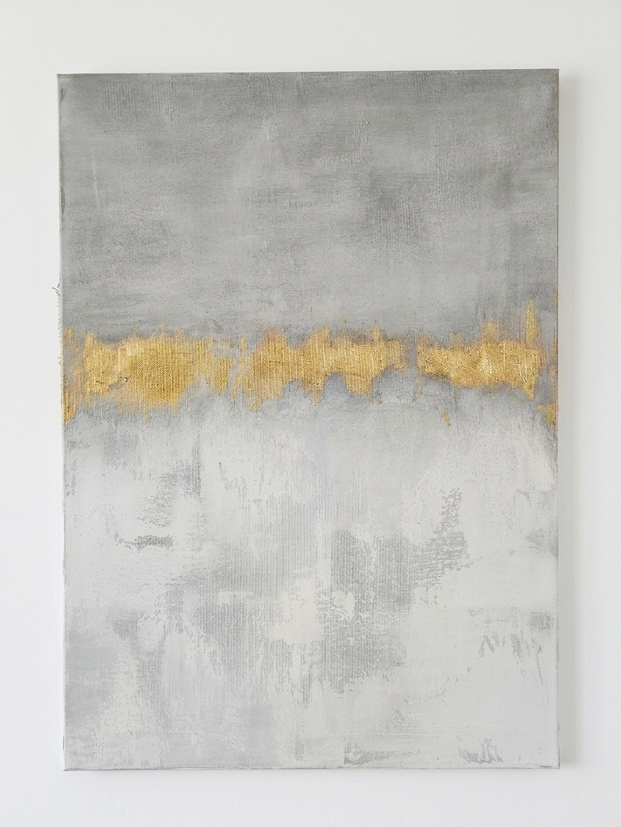 Luda Art Space — "Touch of Light" original large-scale textured abstract painting. This minimalist artwork features a clean horizontal composition, split between a monochromatic palette of industrial grey and soft, cloudy white. A central, vibrant line of textured gold leaf creates a striking contrast, appearing as a pure beam of light. The multi-layered structural paste surface has a rich, tactile, weathered linen texture, giving the relief art deep sculptural quality and dynamic reflections. Perfect as sophisticated wall art for modern and Nordic interior design.