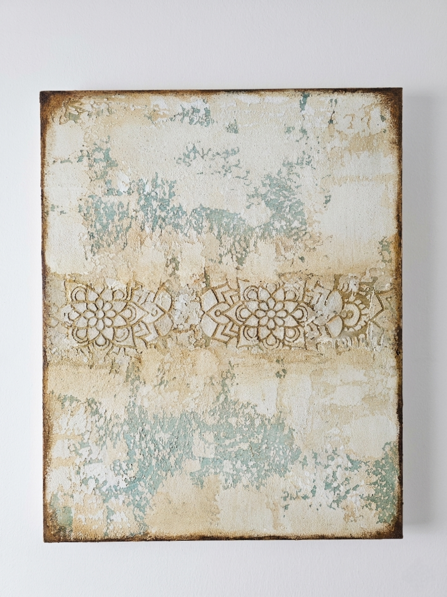 ​Luda Art Space — "Hidden Harmony" original 3D textured abstract painting. This piece features a rich, multi-layered impasto surface with sculptural relief patterns and delicate textures. The monochromatic color palette of ivory, bone, and soft sage green creates sophisticated organic shapes, perfect for modern minimalist interior design. This unique tactile artwork captures a sense of meditative balance through soft shadows and intricate layering.