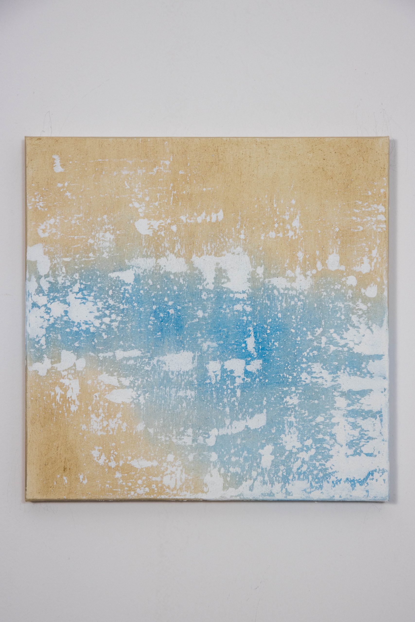 A square abstract textured mixed media painting on canvas, titled "Endless Shore" (Part 3), unframed with a clean gallery-wrapped edge. The detailed composition is a tactile study of a wave merging with the beach, using heavy impasto layers, textured paint additives, expressive blue and golden-ochre color transitions, and a dense, scumbled white foam layer.