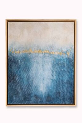 Beyond the Blue I original blue abstract painting with delicate texture and gold leaf in deep blue, aqua, ivory, and warm beige tones, 40 × 50 cm. Framed.