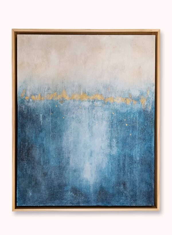 Beyond the Blue I original blue abstract painting with delicate texture and gold leaf in deep blue, aqua, ivory, and warm beige tones, 40 × 50 cm. Framed.