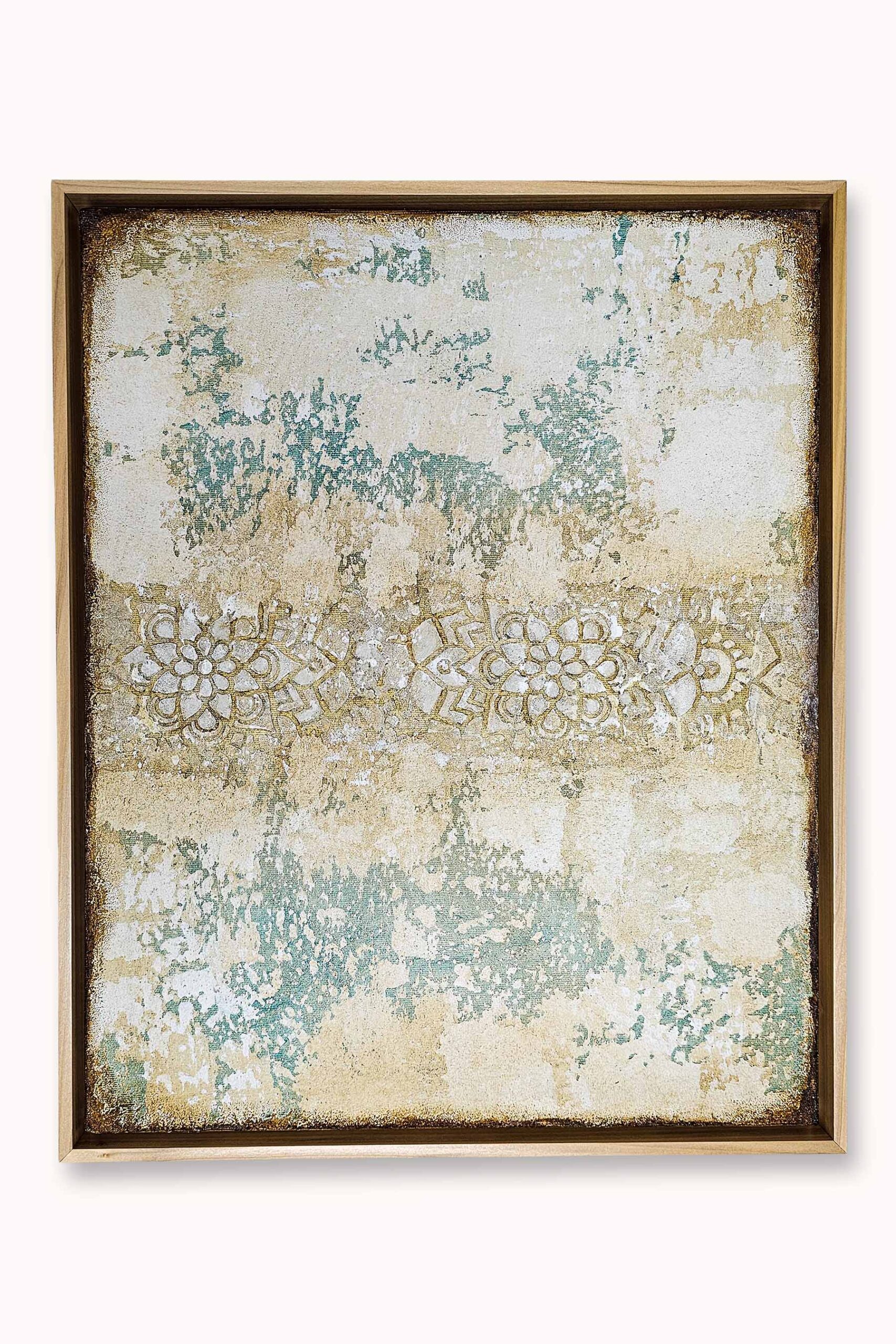 Hidden Harmony I original textured relief painting with ornamental architectural pattern in aqua blue and warm neutral. Framed tones, 40 × 50 cm.