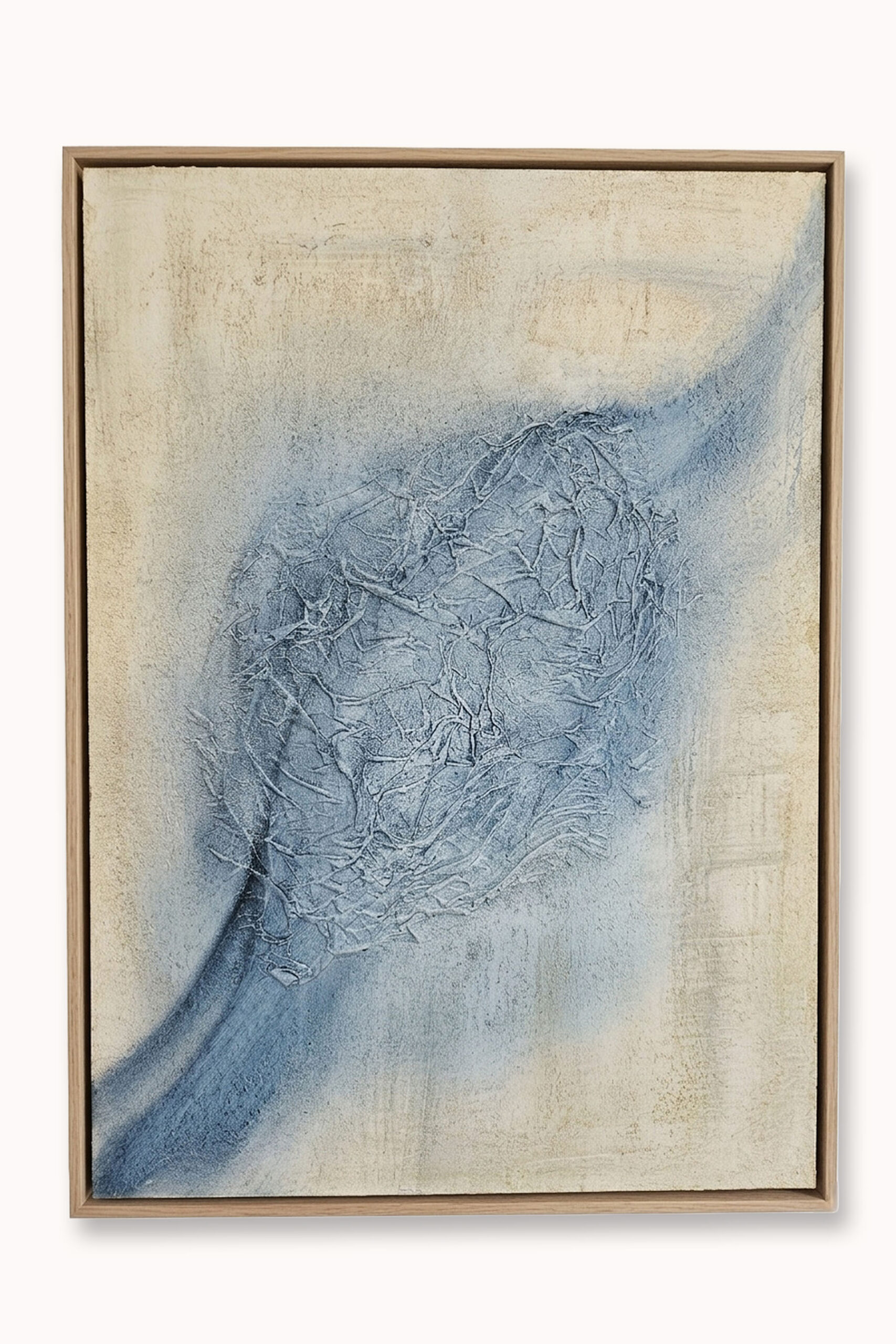 Soul of Indigo I original textured indigo abstract painting with sculptural texture in indigo, misty blue, ivory, and warm neutral tones, 50 × 70 cm.