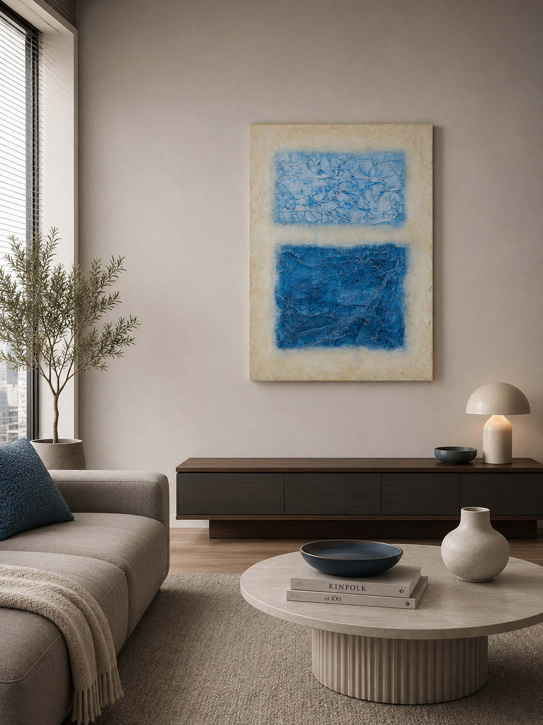 Abstract textured artwork in soft blue and neutral tones inspired by the horizon between sky and sea. Original contemporary painting with layered texture and calming atmosphere, perfect for modern, minimalist, Scandinavian, and coastal interiors. 50 Ă— 70 cm.
