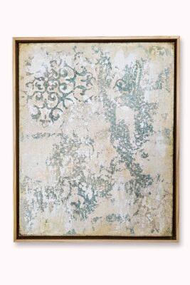 Hidden Harmony II original textured mandala relief painting in aqua blue, ivory, beige, and earthy rust tones, 40 × 50 cm. Framed.