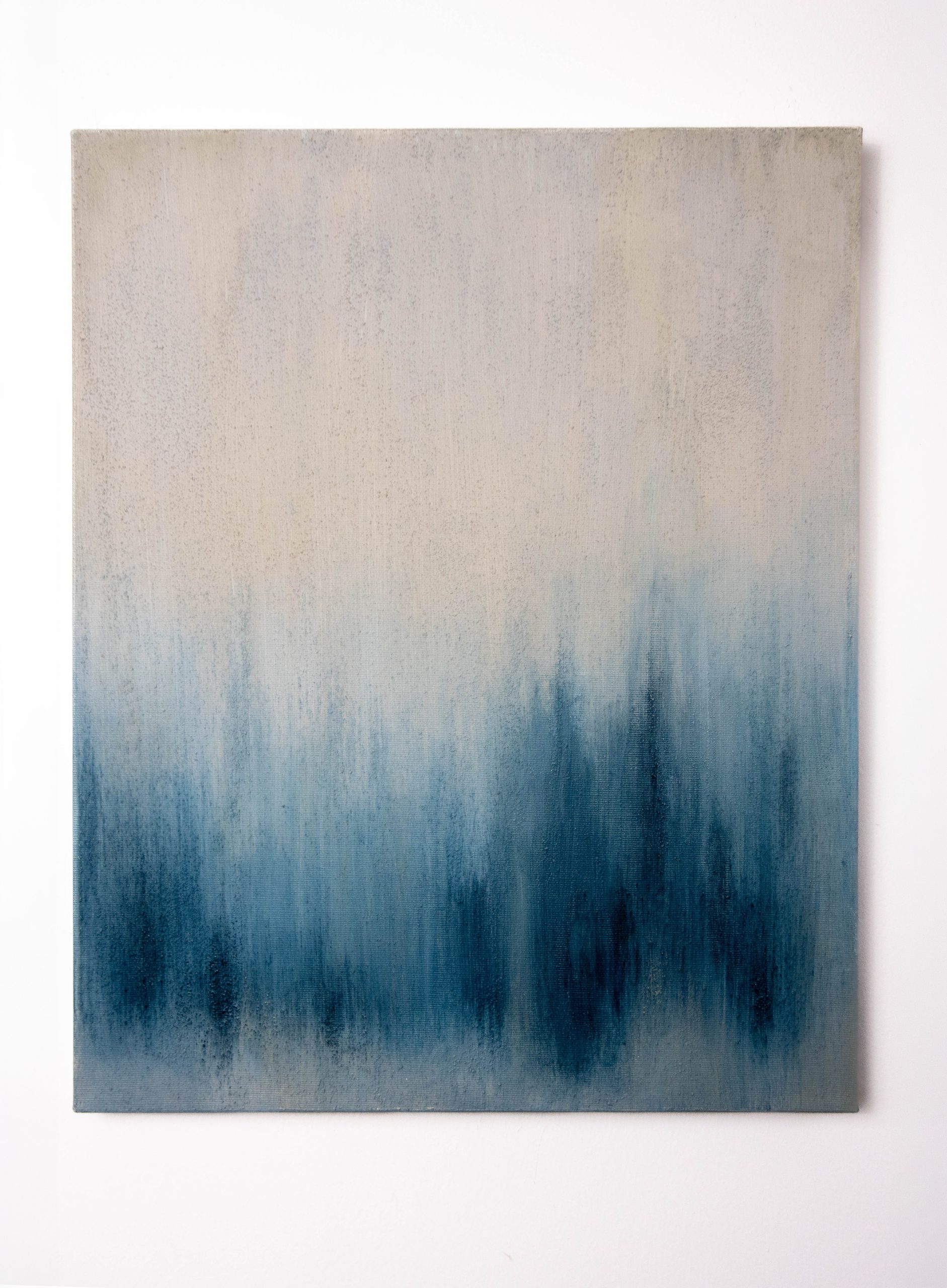 Abstract painting in soft ivory and deep blue tones with layered vertical blending and mist-like textures, inspired by water, reflections, and distant horizons on a 40 x 50 cm canvas.