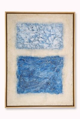 Soul of Indigo II original textured indigo abstract painting in blue, ivory, and warm beige tones, 50 × 70 cm..Framed.