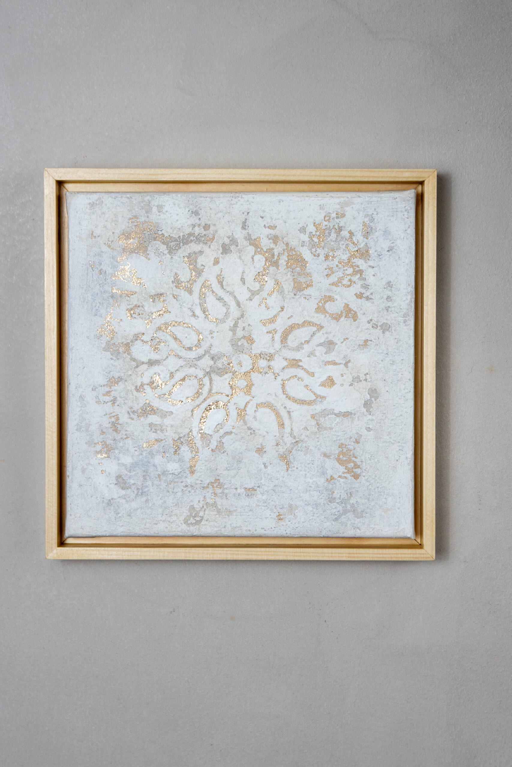 Original ivory and blue-grey textured abstract painting with sculptural relief and genuine gold details, Whisper of Time I: Gold.