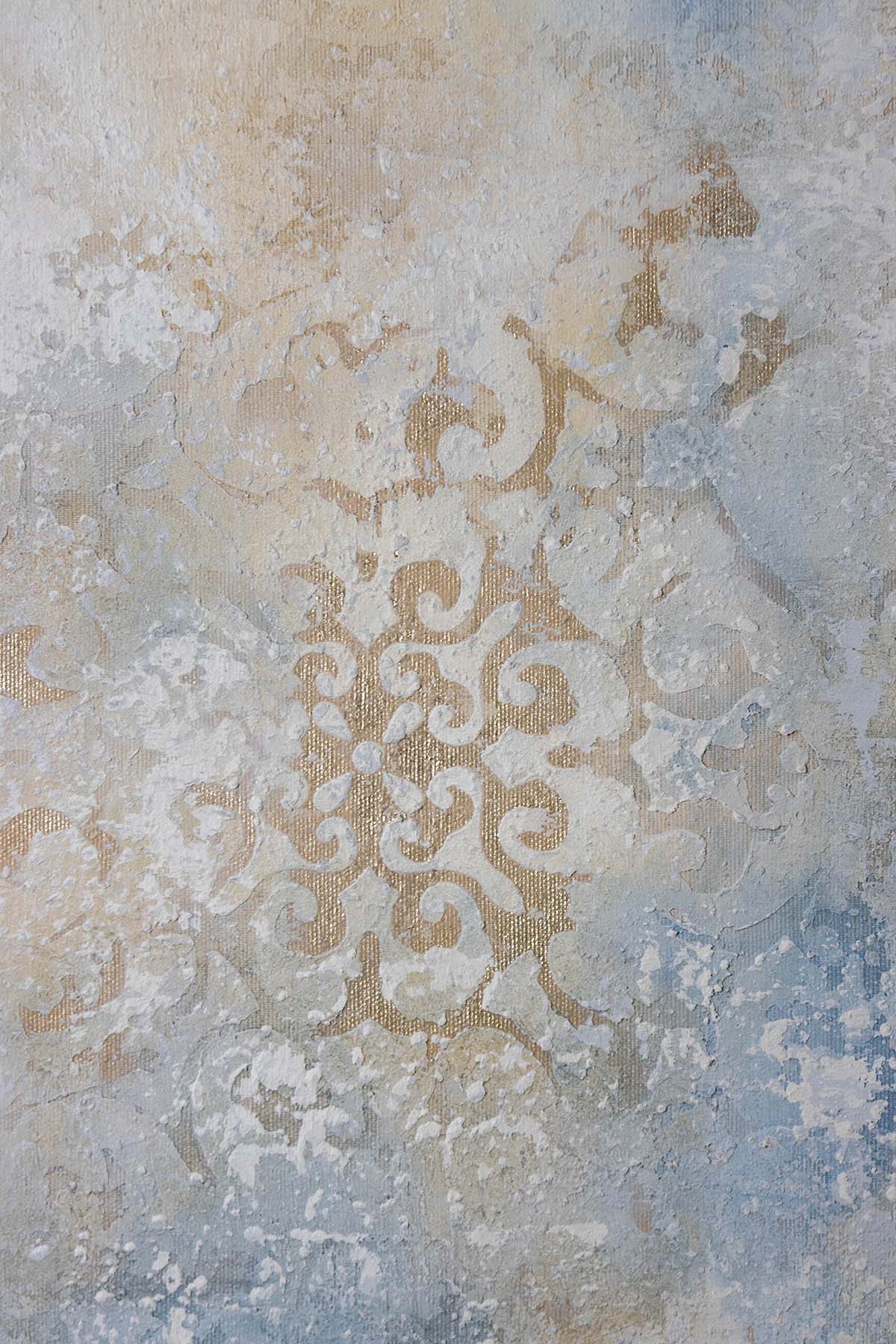 Close-up detail of Between Echoes I with sculptural texture, weathered ornament, blue-grey accents and aged gold-toned metallic leaf
