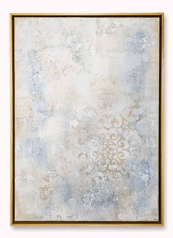 Between Echoes I textured abstract painting in ivory, warm beige and blue-grey with aged gold-toned metallic accents and layered relief.