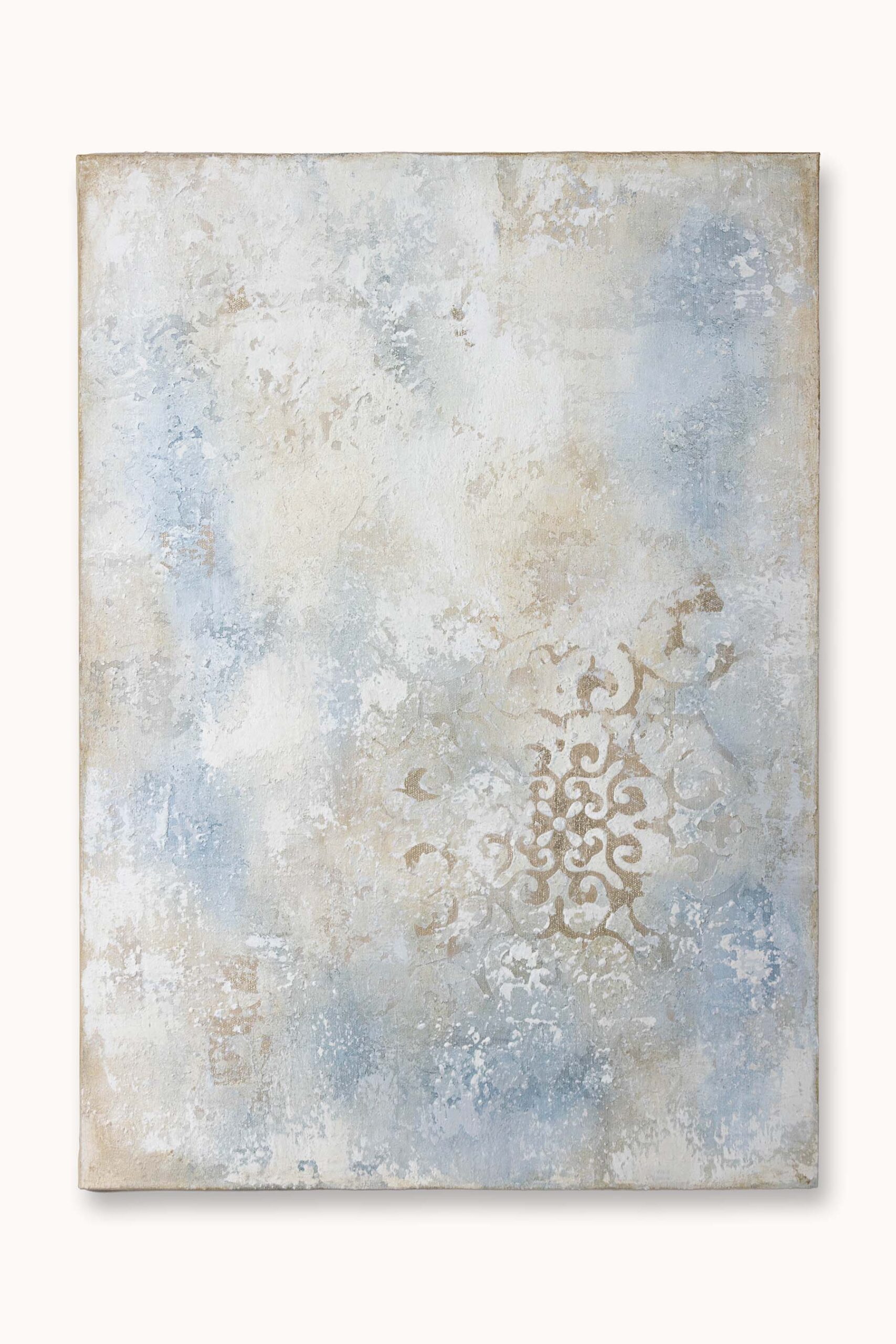 Between Echoes I textured abstract painting in ivory, warm beige and blue-grey with aged gold-toned metallic accents and layered relief.