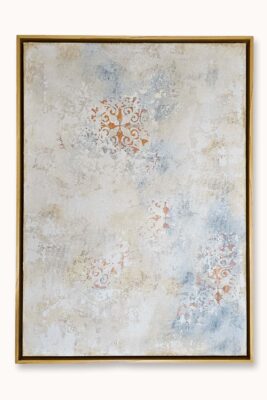Between Echoes II textured abstract painting in soft ivory, warm beige and blue-grey with aged bronze metallic accents and layered relief. Framed.