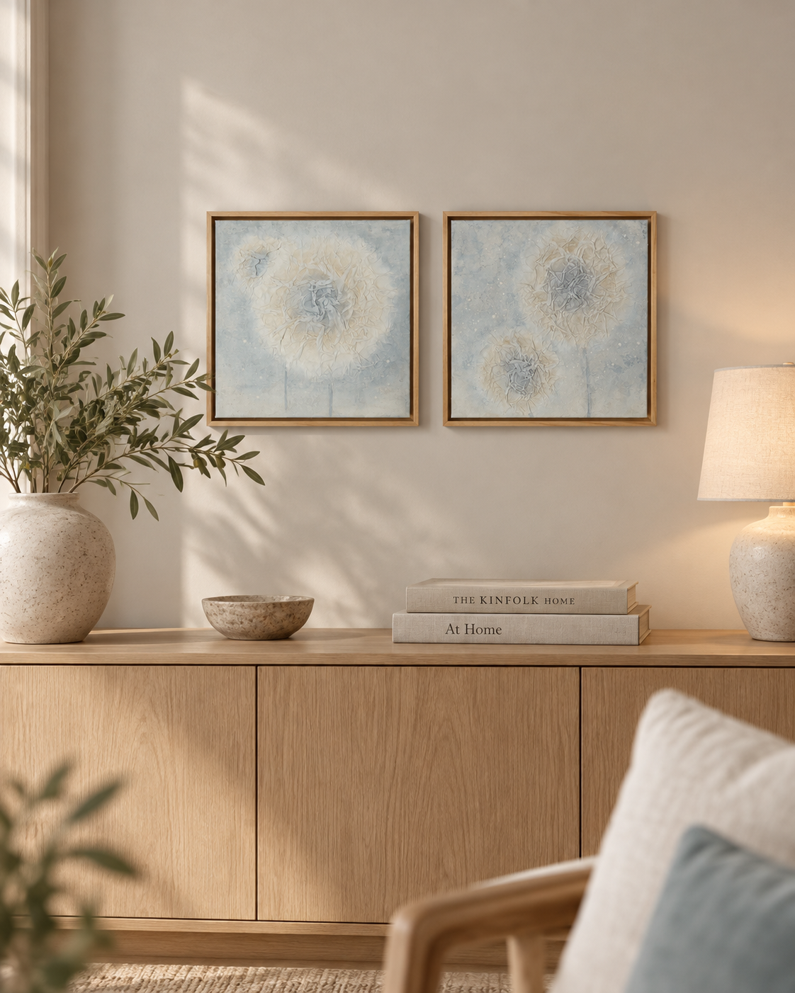 Light Within I and Light Within II displayed side by side as a diptych in a warm modern interior with natural wood and soft neutral tones.