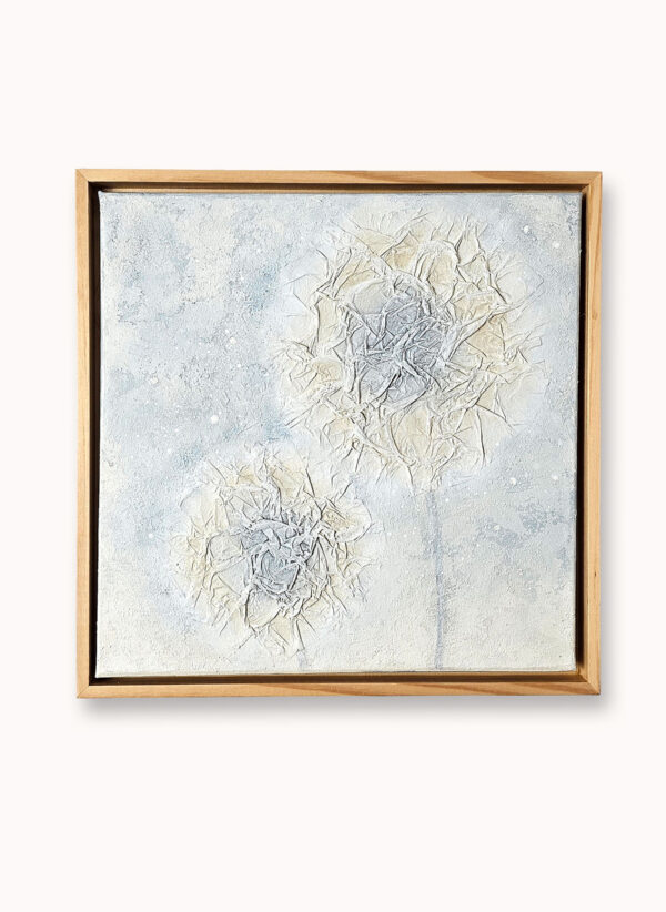 Light Within I original mixed-media painting in soft blue-grey, ivory and warm neutral tones, 30 × 30 cm.