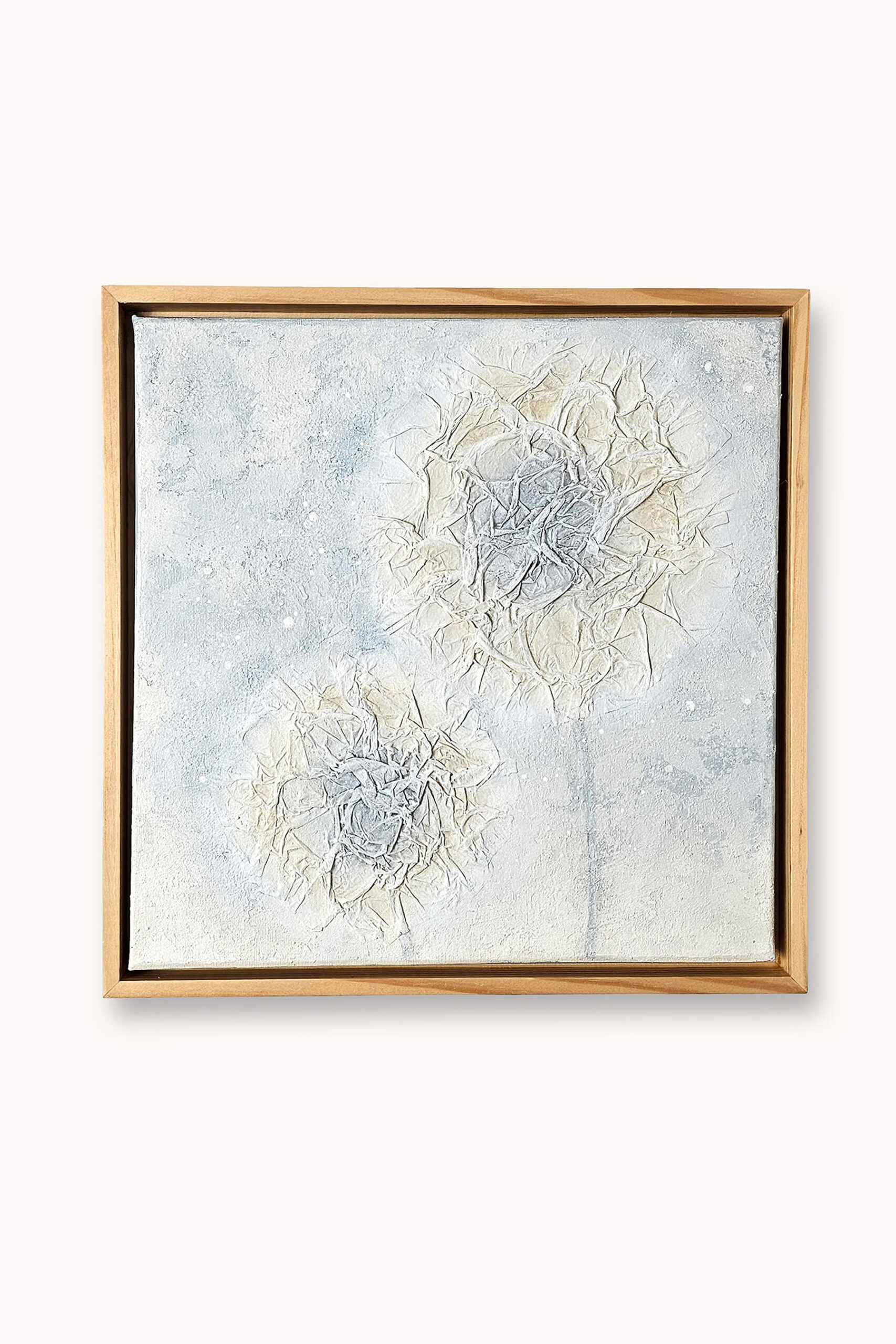 Light Within I original mixed-media painting in soft blue-grey, ivory and warm neutral tones, 30 × 30 cm.