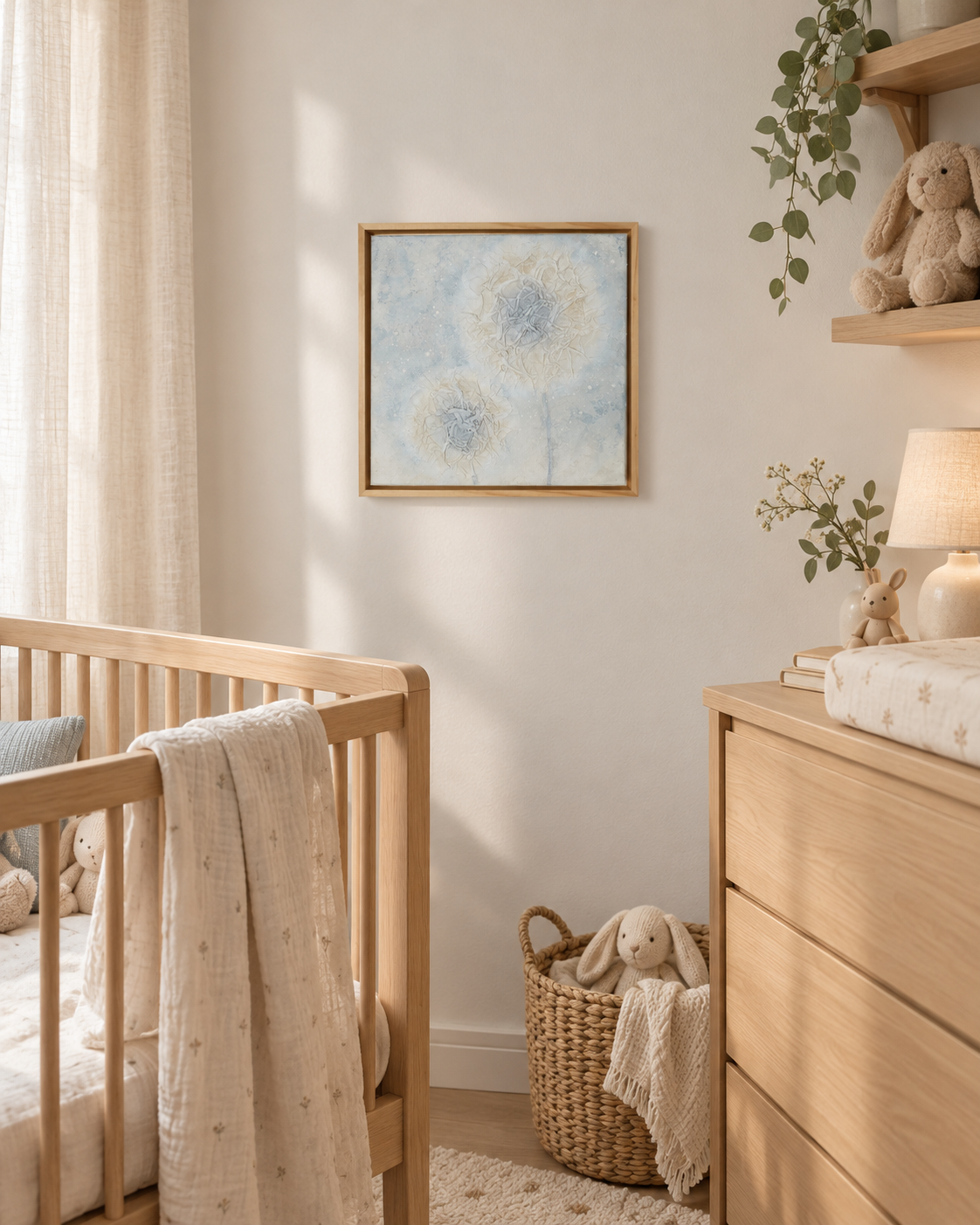 Light Within I displayed in a soft modern nursery with light wood, neutral textiles and warm natural tones.