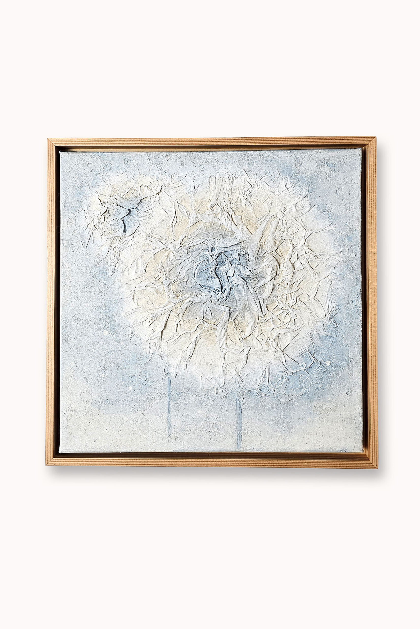 Light Within II original 30 × 30 cm mixed-media painting in soft blue-grey, ivory and warm neutral tones.