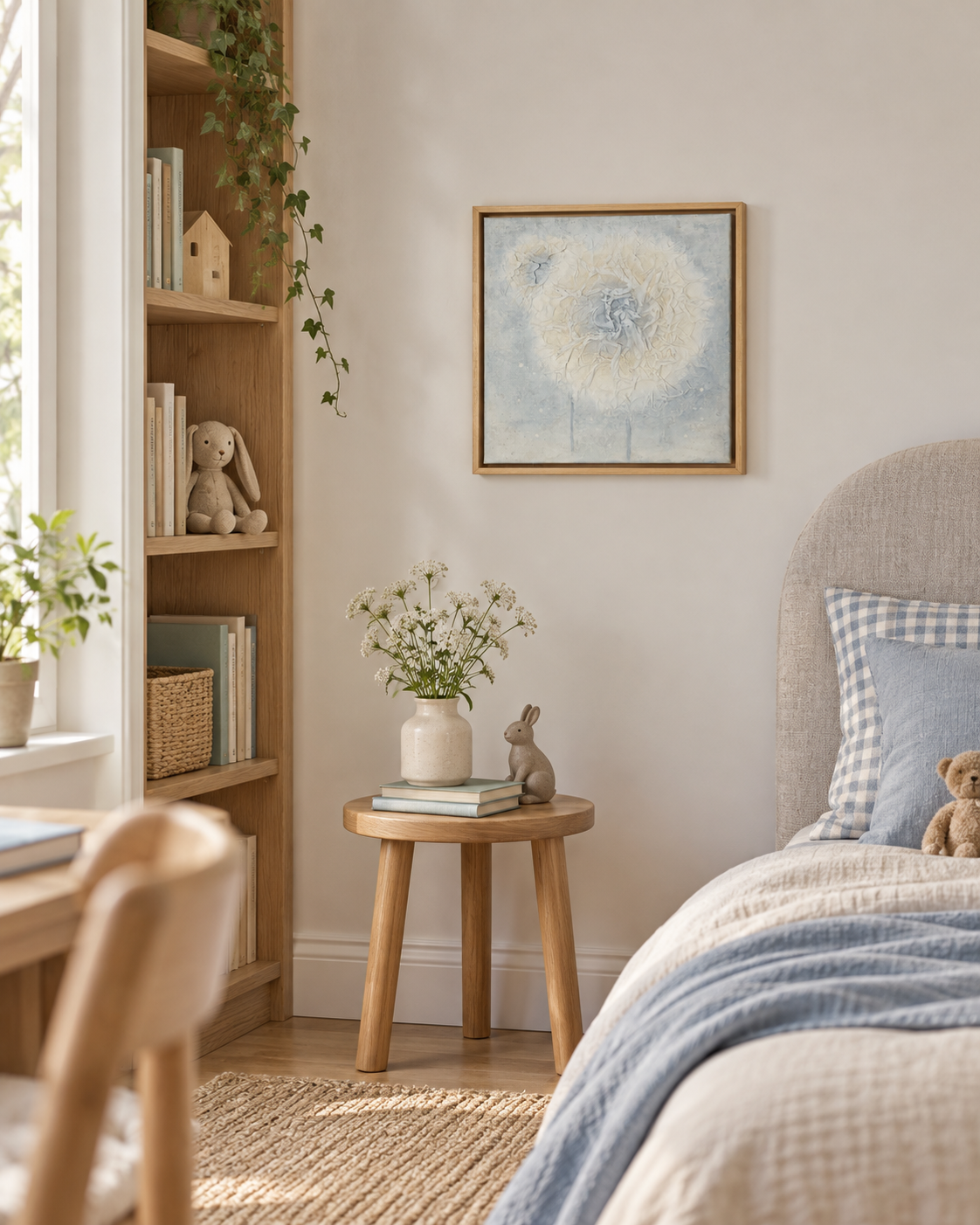 Light Within II displayed in a calm contemporary child’s room with soft neutral tones, light wood accents and a gentle blue-grey palette.