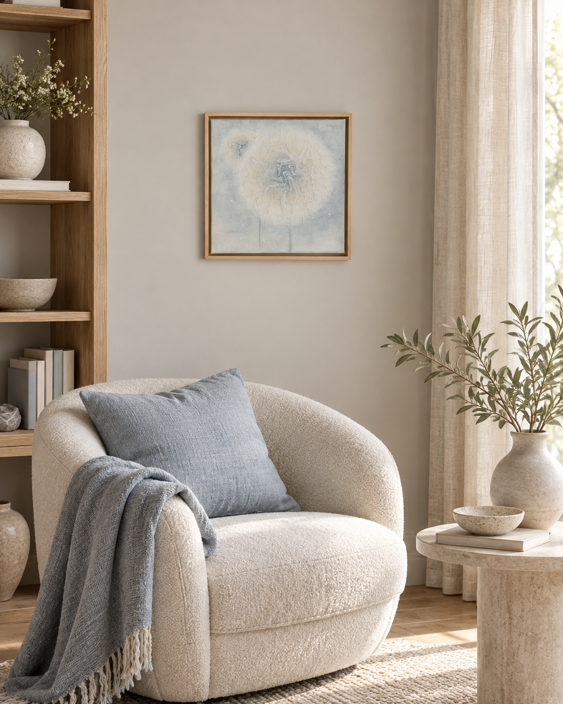 Light Within II displayed in a warm modern reading corner with soft blue-grey accents, natural wood details and a textured ivory armchair.